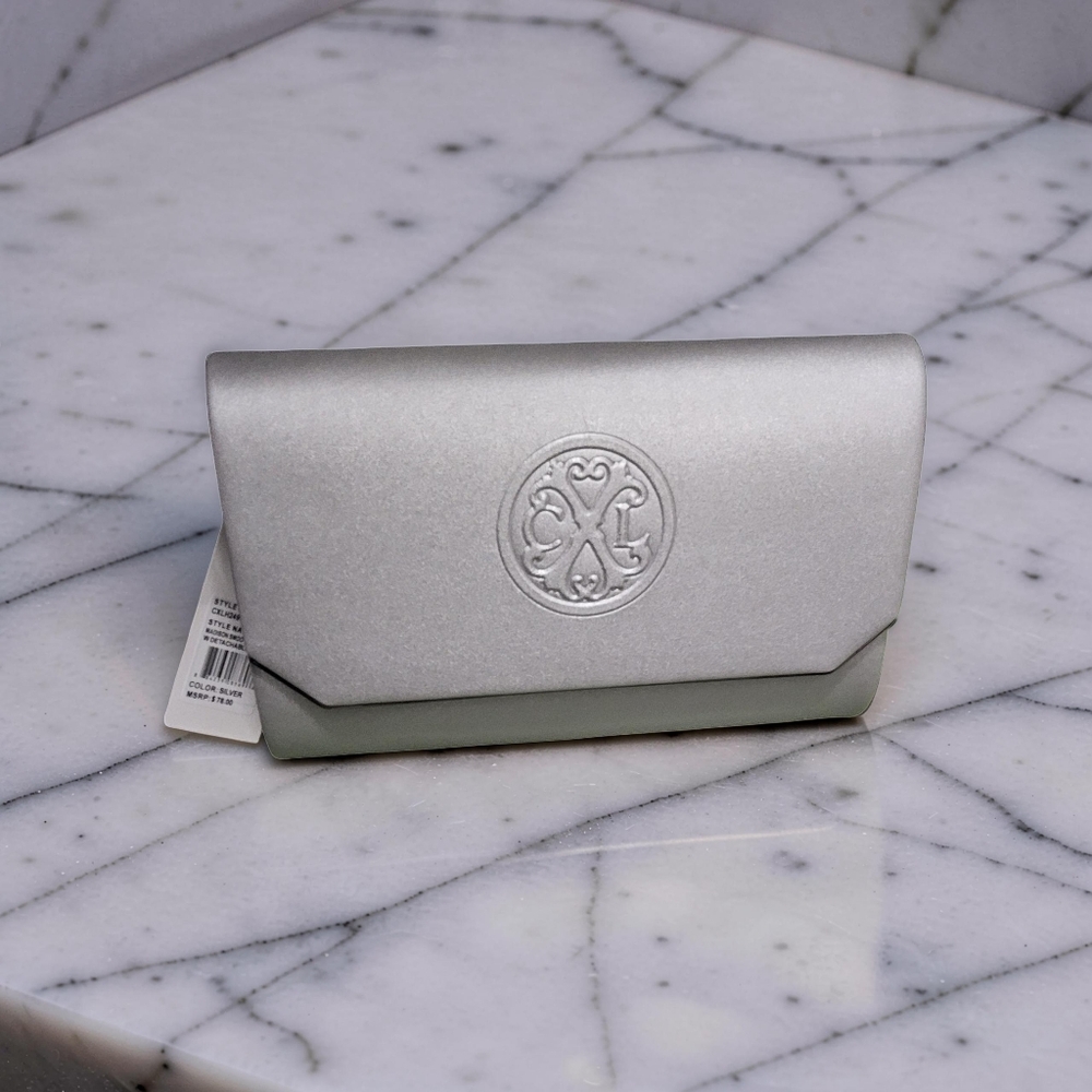 NWT CXL By Christian Lacroix Madison Silver Smooth Clutch With Detachable Chain